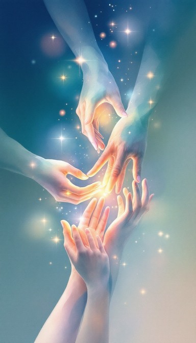 multiple healing hands surrounded by sparkles of light